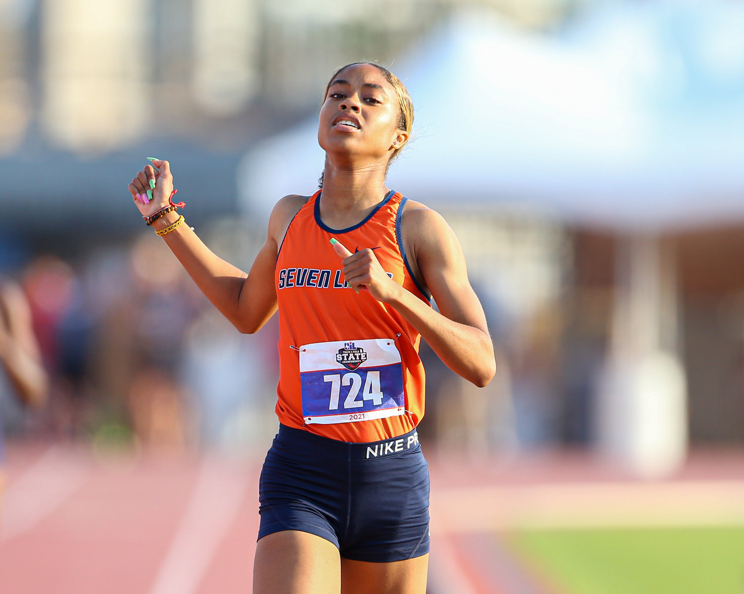 Haley Tate of Seven Lakes High School runs in the Class 6A girls 400-meter dash at the UIL State Track and Field Meet on May 8, 2021 at Mike A. Myers Stadium in Austin, Texas.