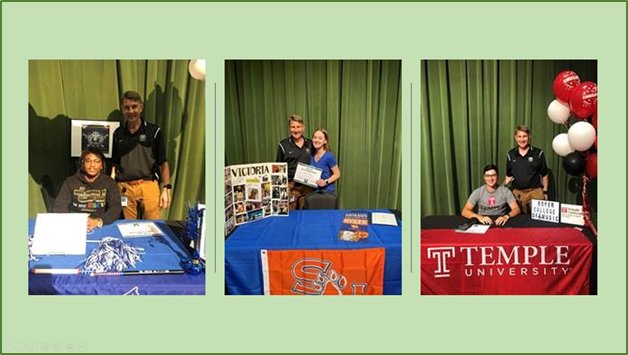 Trey Serrano (seated on left), Leo Rosebure (seated on right) and Victoria Taylor (in blue, center) each signed commitment letters to fine arts programs at Temple University, Tennessee State University and Sam Houston State University, respectively.