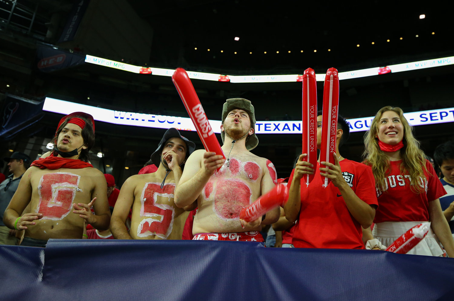 The Houston Cougars student section during an NCAA football game between Houston and Texas Tech on September 4, 2021 in Houston, Texas.