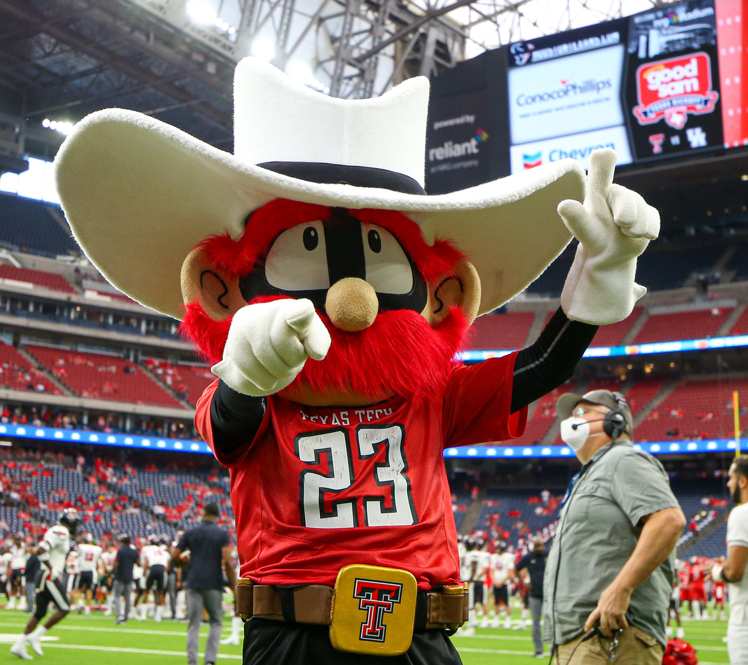 The Texas Tech Red Raiders mascot Raider Red before the start of an NCAA football game between Houston and Texas Tech on September 4, 2021 in Houston, Texas.