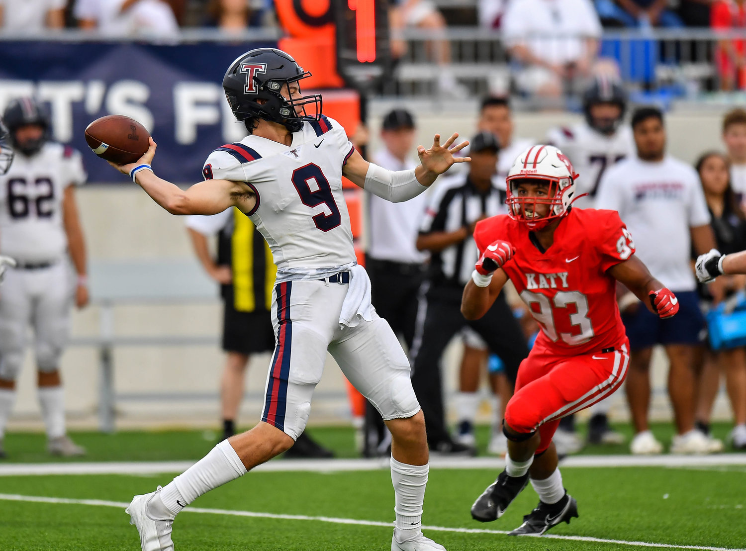 Katy, Tx. Oct. 1, 2021: Tompkins QB #9 Cole Francis delivers a pass for a TD during a game between Katy Tigers and Tompkins Falcons at Legacy Stadium in Katy. (Photo by Mark Goodman / Katy Times)