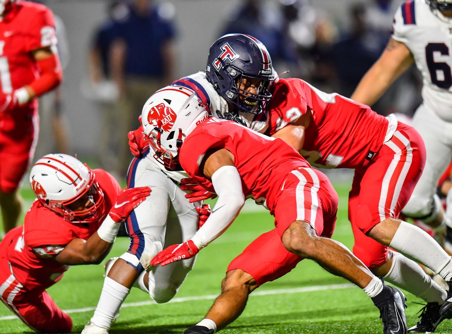 Katy, Tx. Oct 1, 2021:  Katy's defense holds off Tompkins  during a conference game between Katy Tigers and Tompkins Tompkins Falcons at Legacy Stadium. (Photo by Mark Goodman / Katy Times)