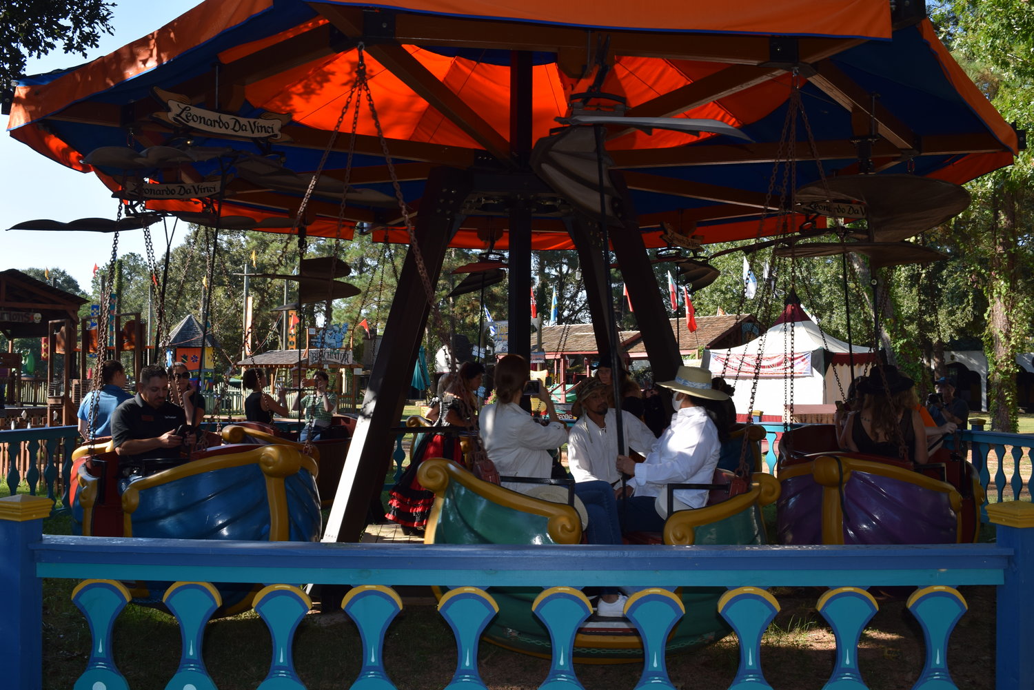 The DaVinci Flying Machines is another new attraction at the Texas Renaissance Festival this year. Like all of the rides at the carnival, DaVinci is fully manually operated and riders have the opportunity to help make the ride more festive.