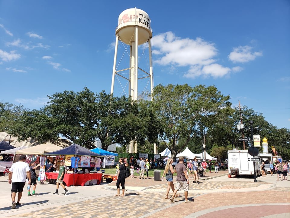 Katy's historic water tower which now sports several new championship years for local school athletes oversaw the festival.