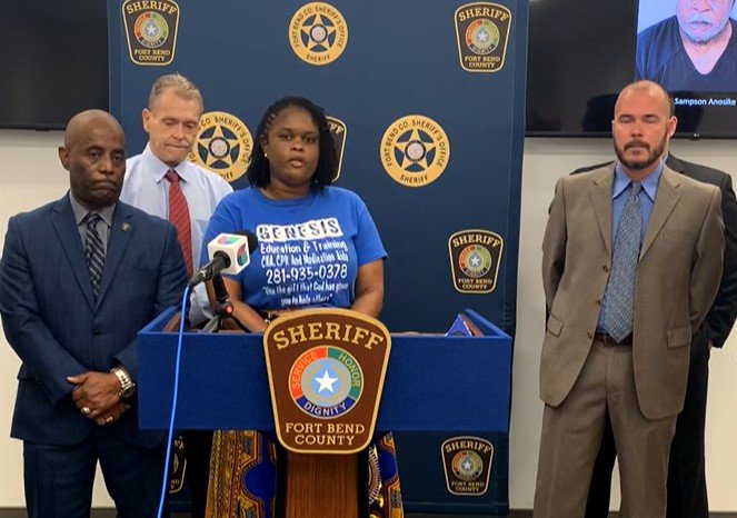 Erica Washington, the owner of Genesis Education and Training, speaks at a Fort Bend County Sheriff’s Office press conference. Washington said a Cinco Ranch man, Ubadire Sampson Anosike, had used her certification as a CPR instructor to produce fake CPR certifications which he sold to people who had received no training. Anosike is currently out on bond pending his court case.