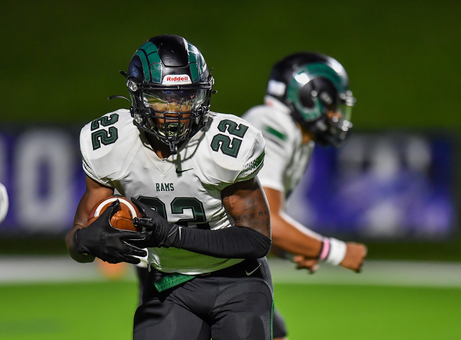 Katy, Tx. Oct 15, 2021: Mayde Creeks Marvin Bodden #22 carries the ball during a conference game between Mayde Creek and Katy Taylor at Rhodes Stadium. (Photo by Mark Goodman / Katy Times)