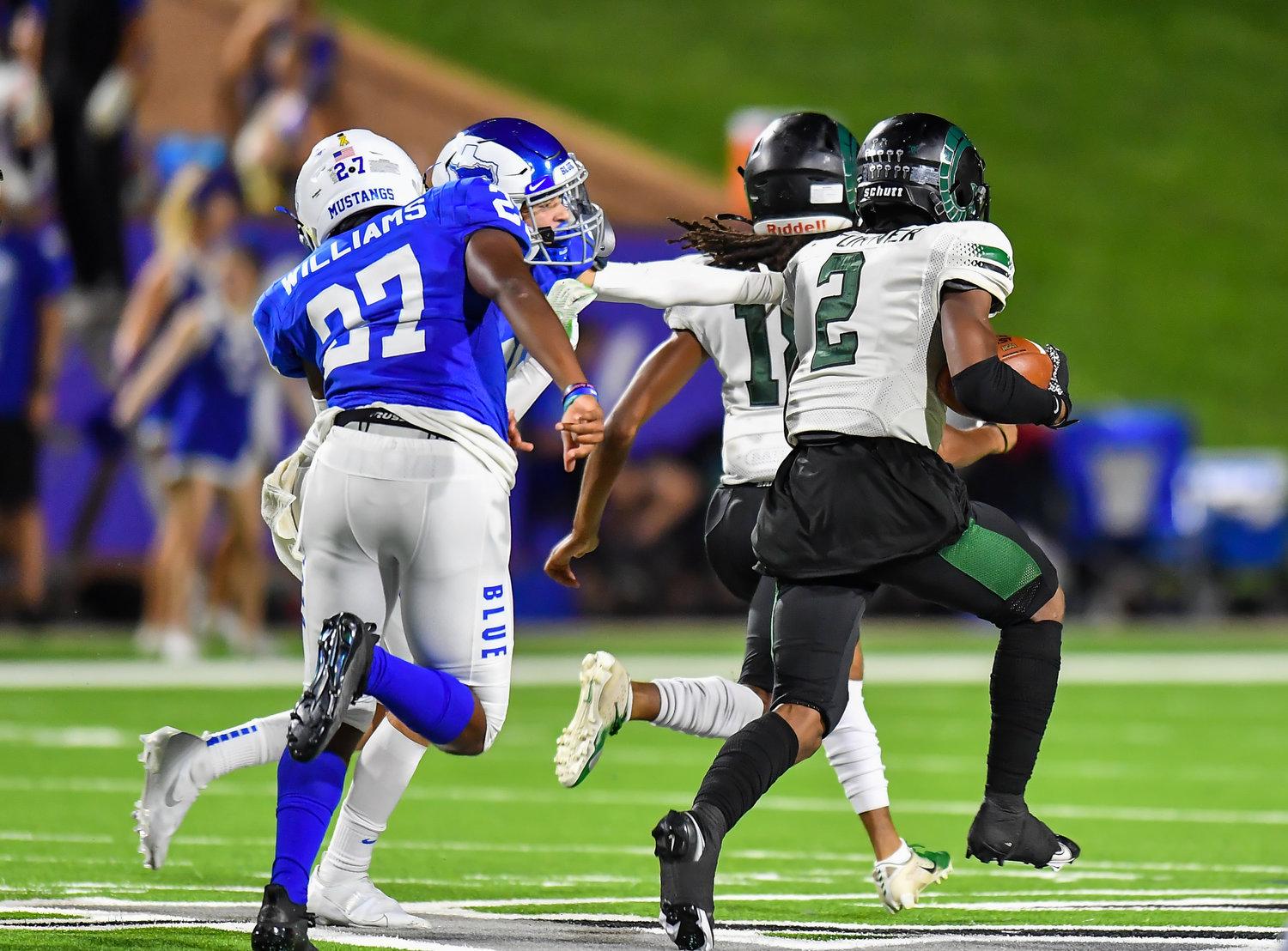 Katy, Tx. Oct. 15, 2021: Mayde Creeks Leroy Turner #2 rushes up the middle scoring TD for the Ram's during a conference game between Mayde Creek and Katy Taylor at Rhodes Stadium. (Photo by Mark Goodman / Katy Times)