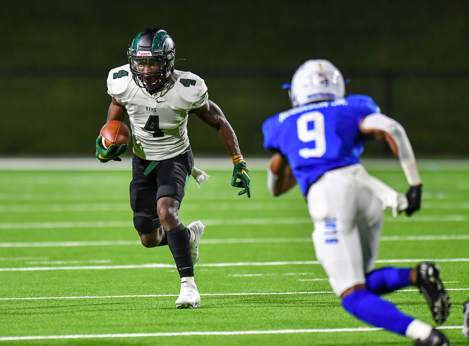 Katy, Tx. Oct 15, 2021: Mayde Creeks Tay'Shawn Wilson #4 carries the ball during a conference game between Mayde Creek and Katy Taylor at Rhodes Stadium. (Photo by Mark Goodman / Katy Times)