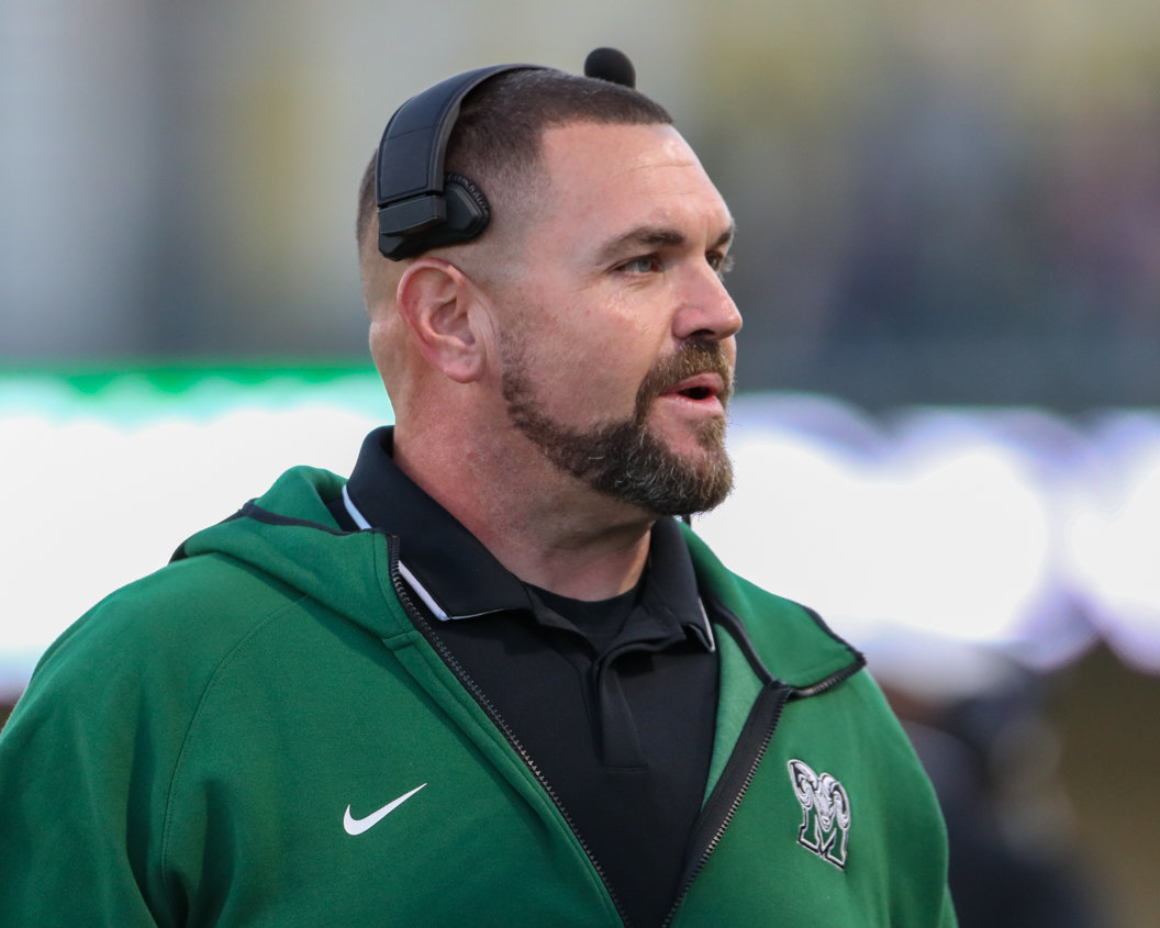 Mayde Creek Rams head coach J. Jensen during a high school football game between Mayde Creek and Seven Lakes on October 29, 2021 in Katy, Texas. Seven Lakes won, 50-10.