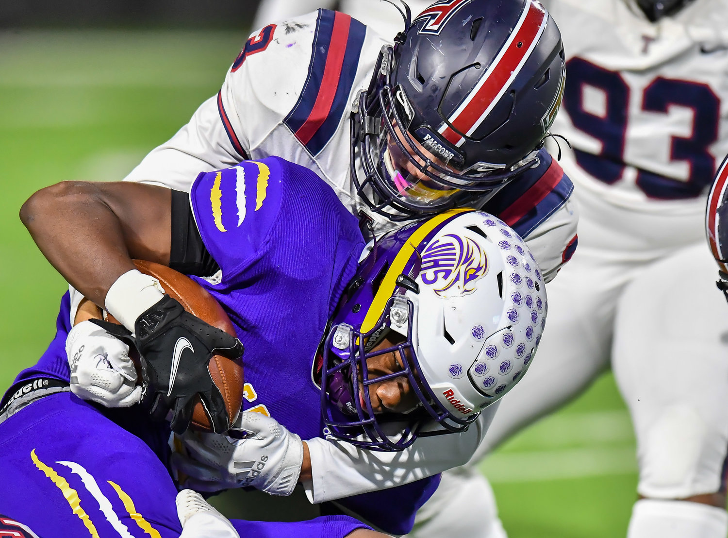 Houston Tx. Nov 19, 2021: Tompkins #3 Cole Binkley makes the stop on a Jersey Village runner during the UIL area playoff game between Tompkins and Jersey Village at Pridgeon Stadium in Houston. (Photo by Mark Goodman / Katy Times)