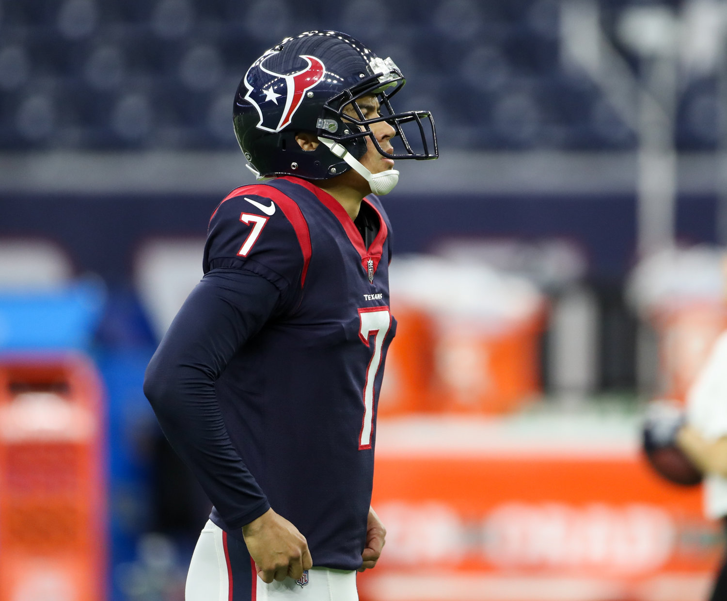 Houston Texans place kicker Ka'imi Fairbairn (7) before the start of an NFL game between the Houston Texans and the New York Jets on November 28, 2021 in Houston, Texas.
