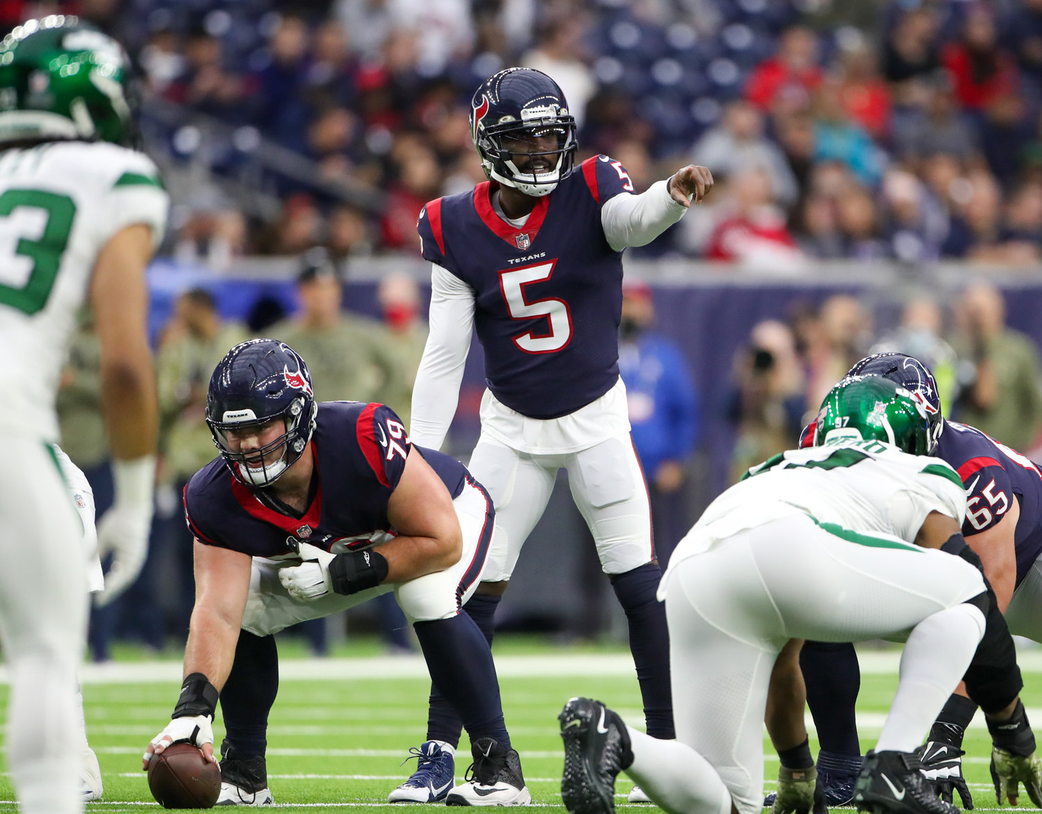 Houston Texans quarterback Tyrod Taylor (5) during an NFL game between the Houston Texans and the New York Jets on November 28, 2021 in Houston, Texas. The Jets won, 21-14