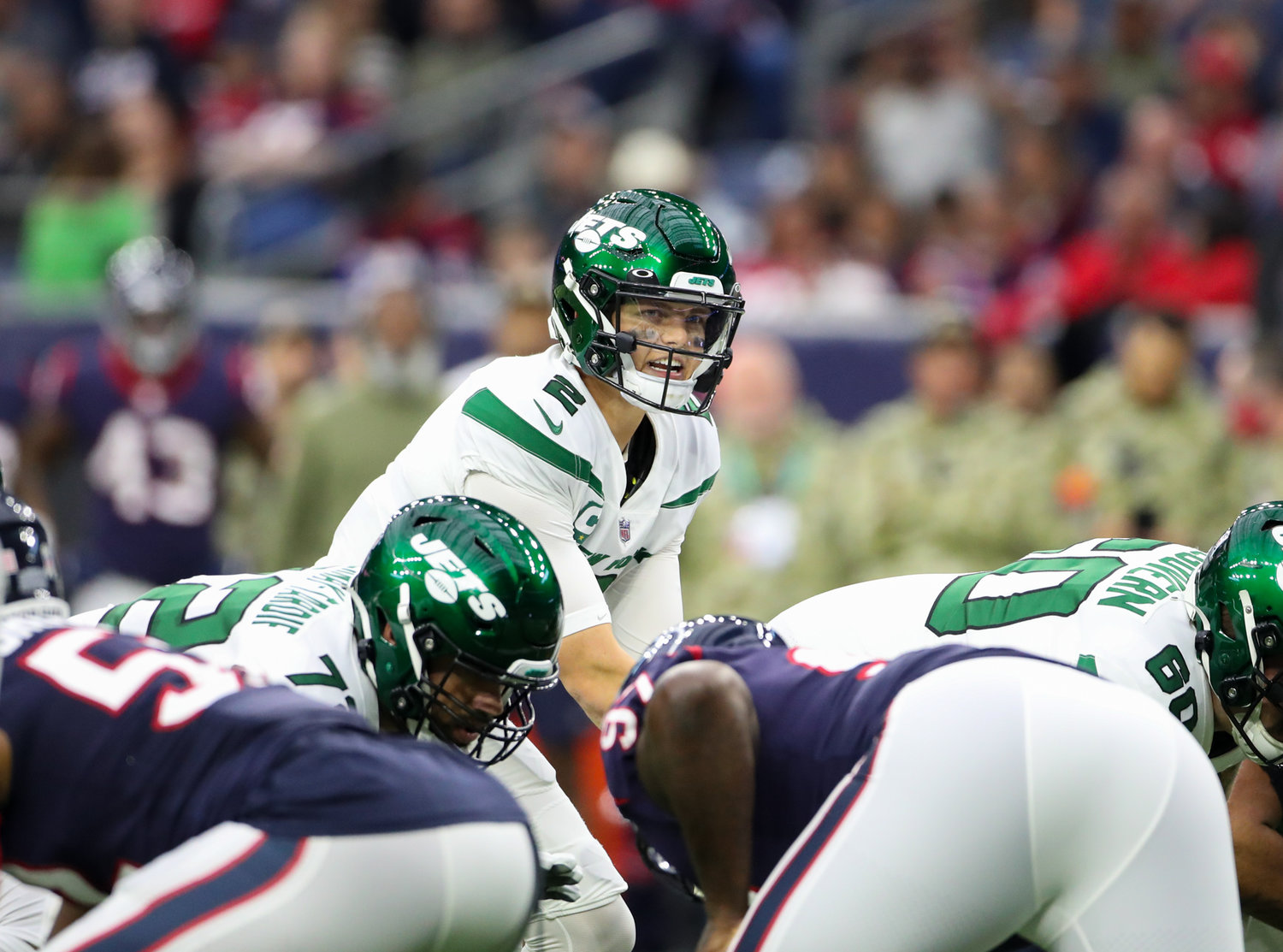 New York Jets quarterback Zach Wilson (2) at the line of scrimmage during an NFL game between the Houston Texans and the New York Jets on November 28, 2021 in Houston, Texas. The Jets won, 21-14