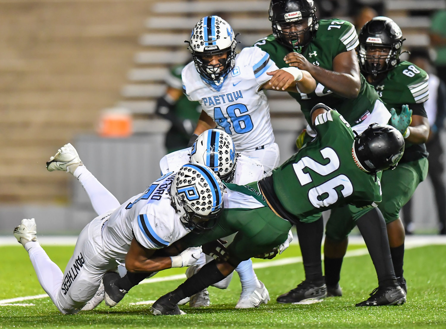 Houston, Tx. Dec 3, 2021: Paetows defense hold Hightower scoreless during the first half of the quarterfinal playoff game between Paetow and F,B. Hightower at Rice Stadium in Houston. (Photo by Mark Gooman / Katy Times)