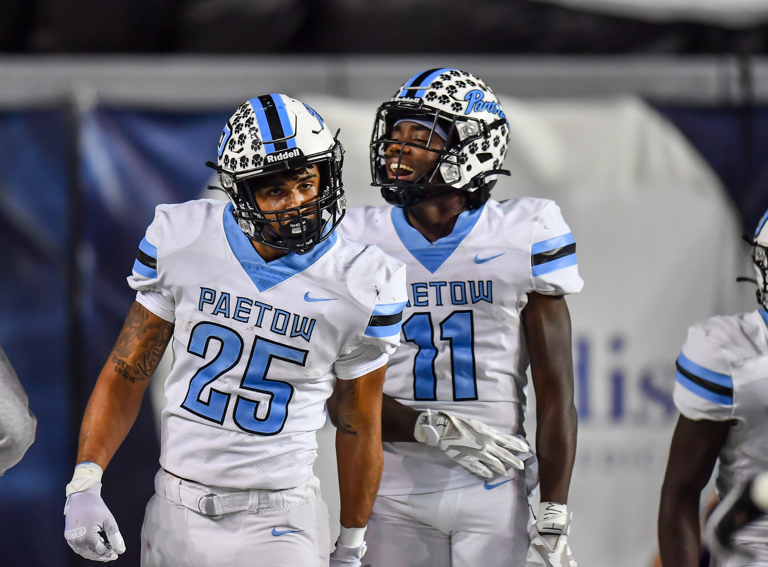 Houston, Tx. Dec 3, 2021: Paetow's Jacob Brown #25 celebrates a TD with team mate Kole Wilson #11 during the quarterfinal playoff game between Paetow and F,B. Hightower at Rice Stadium in Houston. (Photo by Mark Gooman / Katy Times)