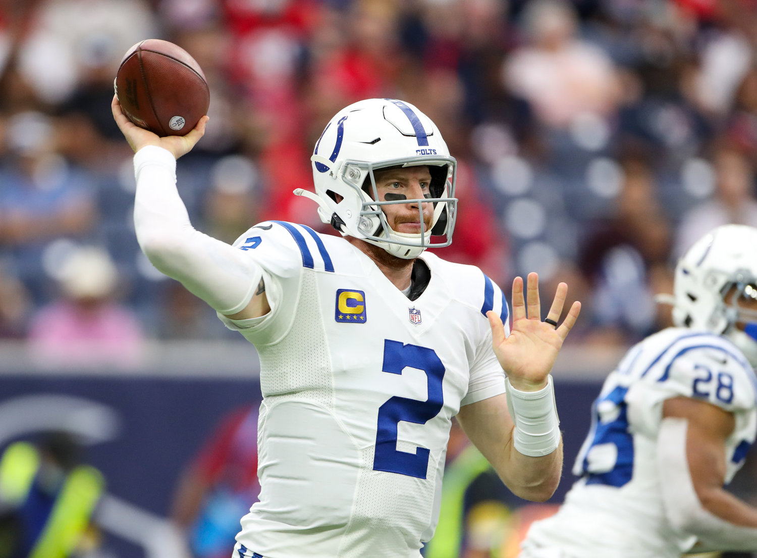 Indianapolis Colts quarterback Carson Wentz (2) passes the ball during an NFL game between the Texans and the Colts on December 5, 2021 in Houston, Texas.