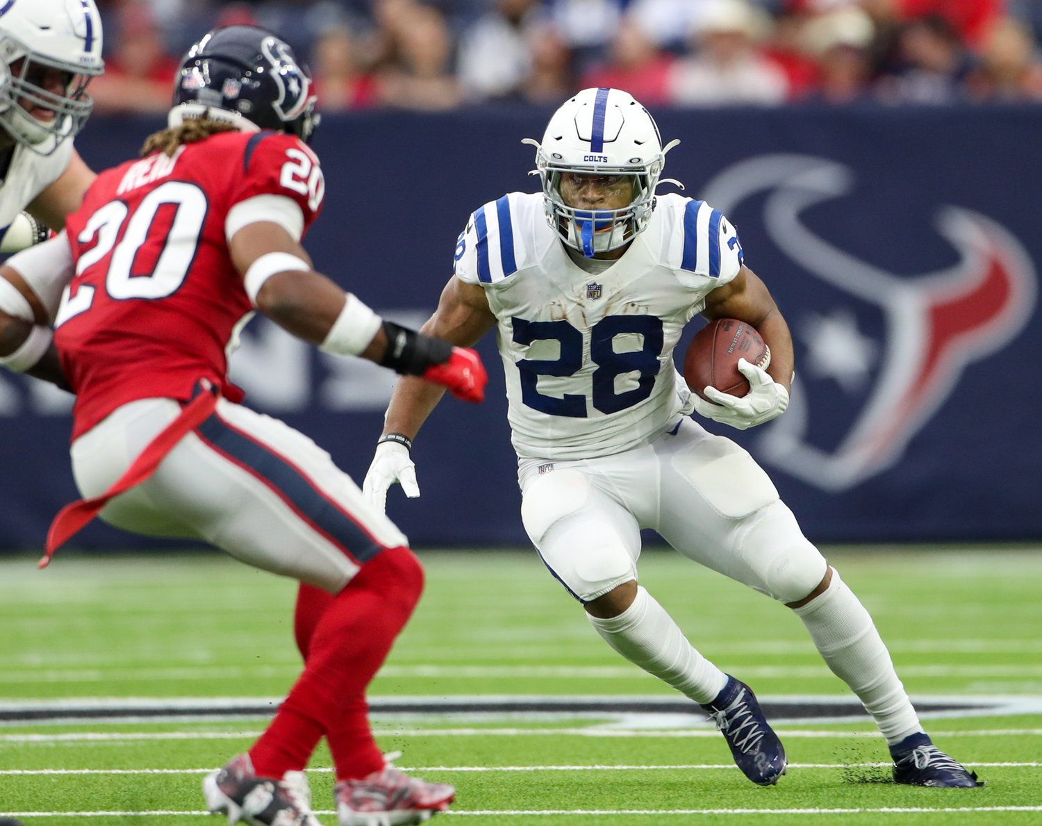 Indianapolis Colts running back Jonathan Taylor (28) carries the ball during an NFL game between the Texans and the Colts on December 5, 2021 in Houston, Texas.