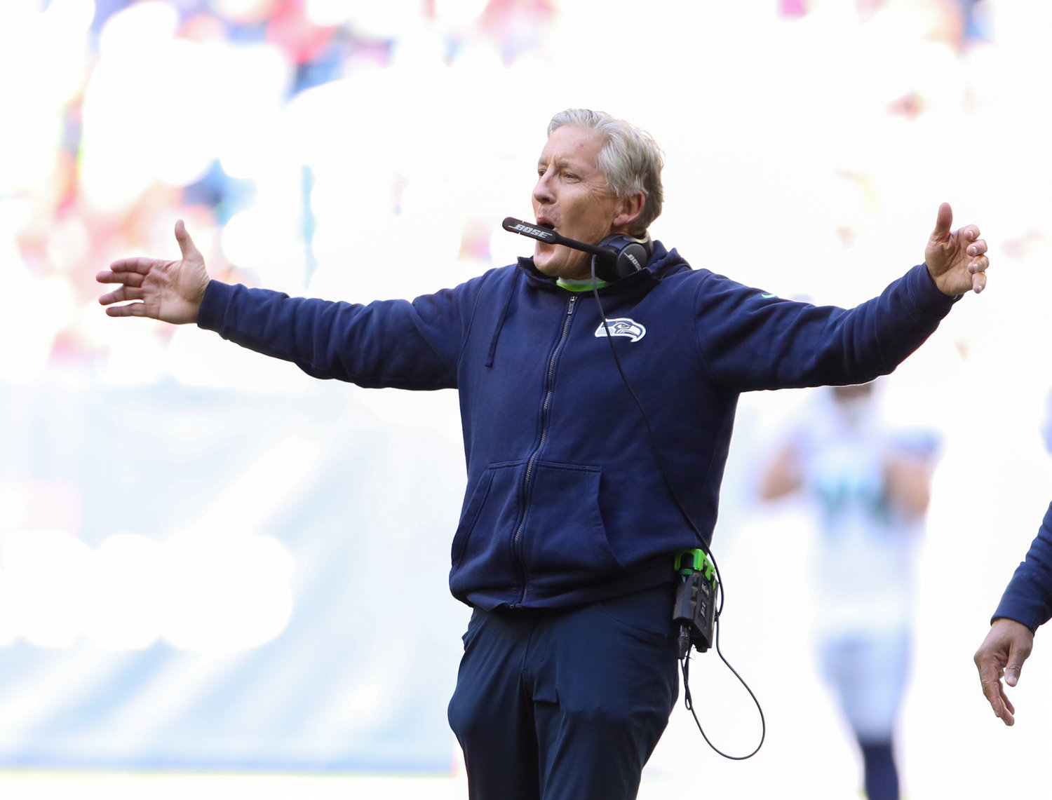 Seattle head coach Pete Carroll reacts after a Seahawks touchdown during the first half of an NFL game between the Seahawks and the Texans on December 12, 2021 in Houston, Texas.