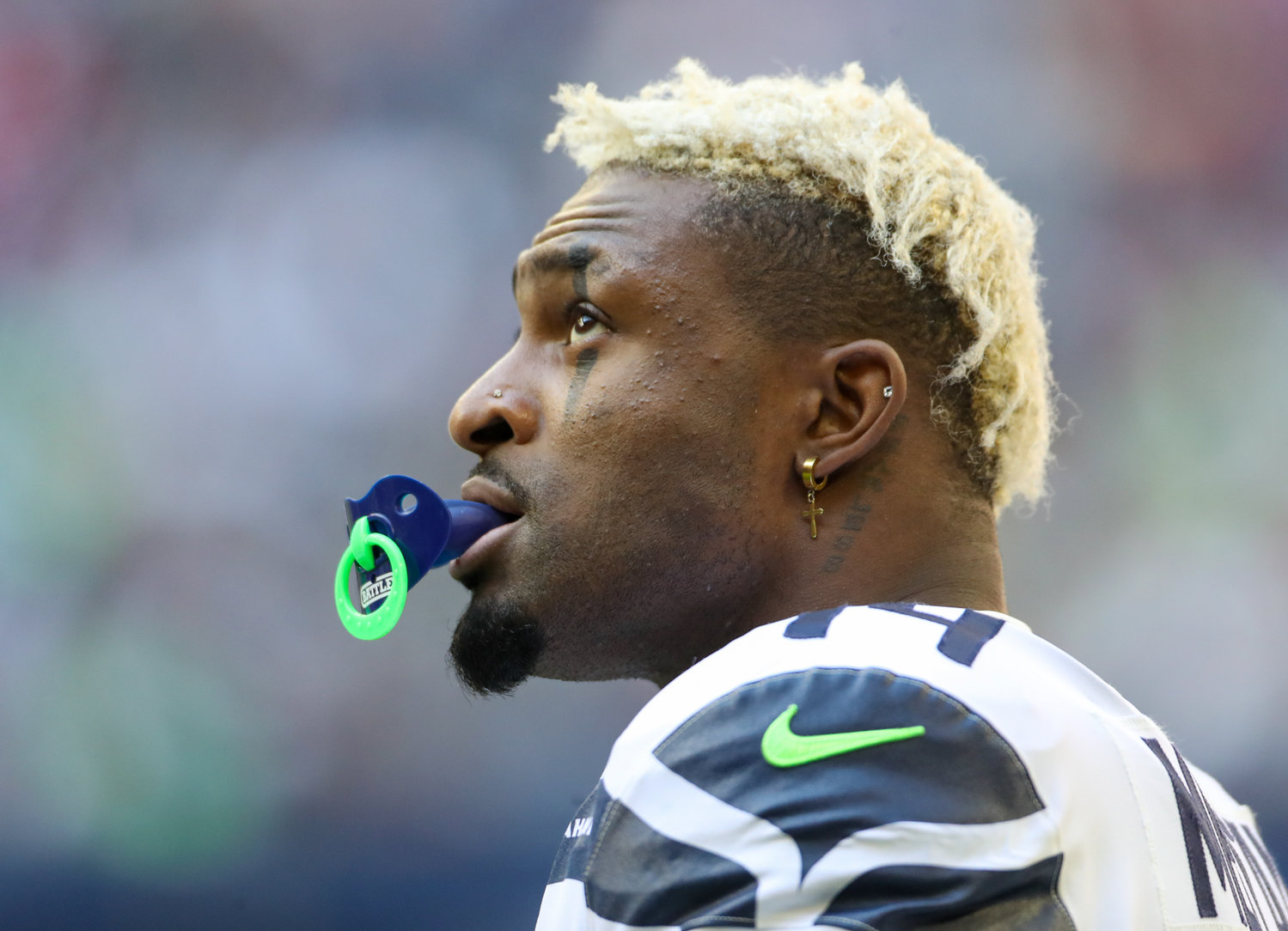 Seattle Seahawks wide receiver DK Metcalf (14) looks up at the video board during the second half of an NFL game between the Seahawks and the Texans on December 12, 2021 in Houston, Texas.