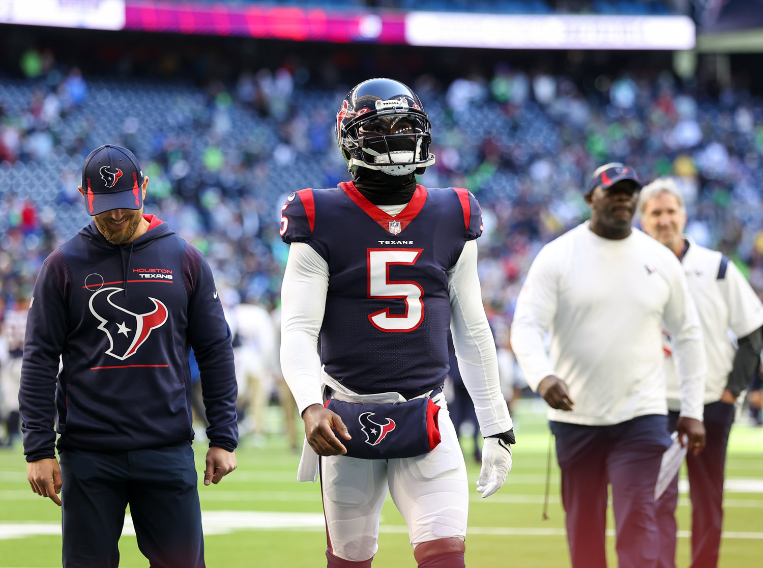 Houston Texans quarterback Tyrod Taylor (5) leaves the field after a 33-13 loss to Seattle on December 12, 2021 in Houston, Texas. Taylor did not play in the game.