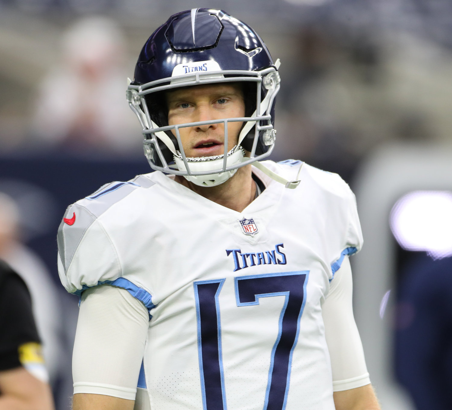 Tennessee Titans quarterback Ryan Tannehill (17) before the start of an NFL game between the Texans and the Titans on Jan. 9, 2022 in Houston, Texas.