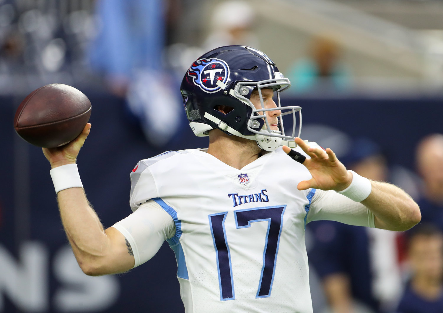 Tennessee Titans quarterback Ryan Tannehill (17) warms up before the start of an NFL game between the Texans and the Titans on Jan. 9, 2022 in Houston, Texas.