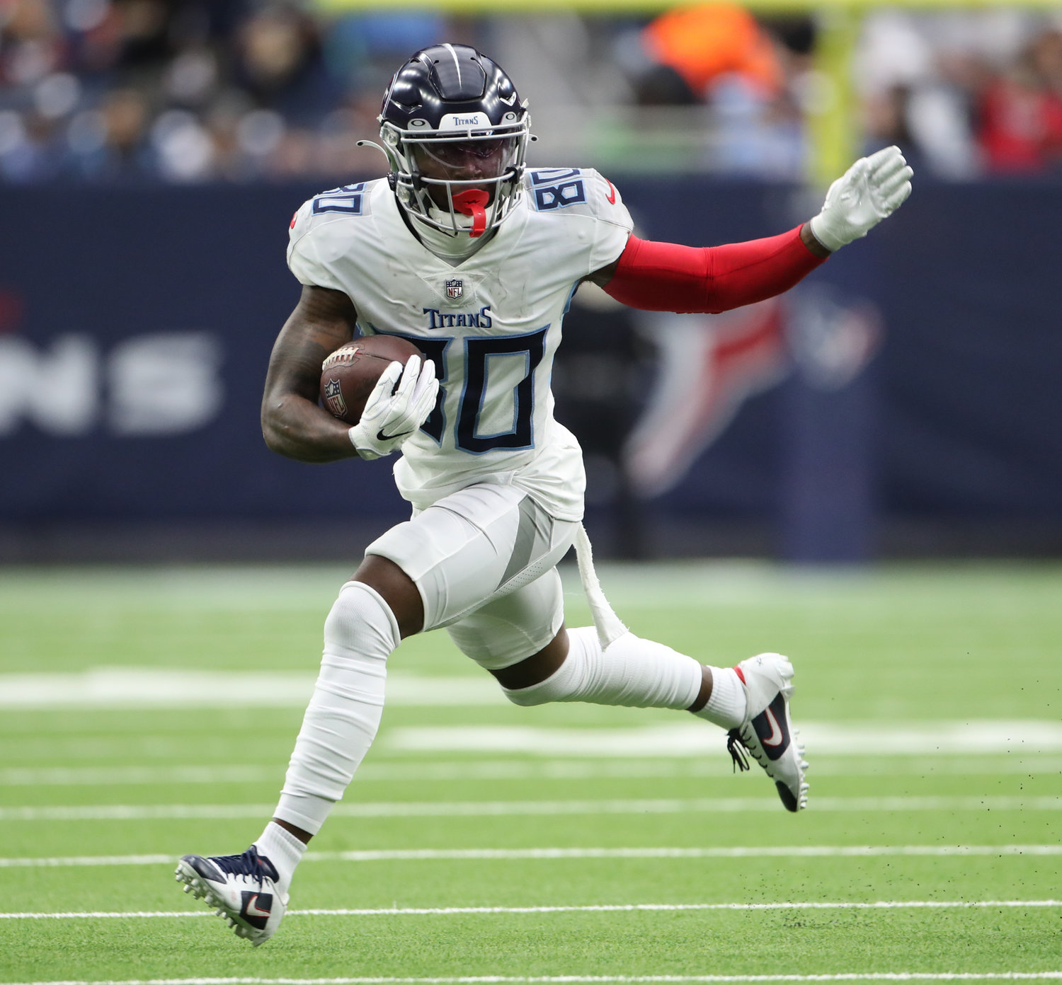 Tennessee Titans wide receiver Chester Rogers (80) carries the ball during an NFL game between the Texans and the Titans on Jan. 9, 2022 in Houston, Texas.