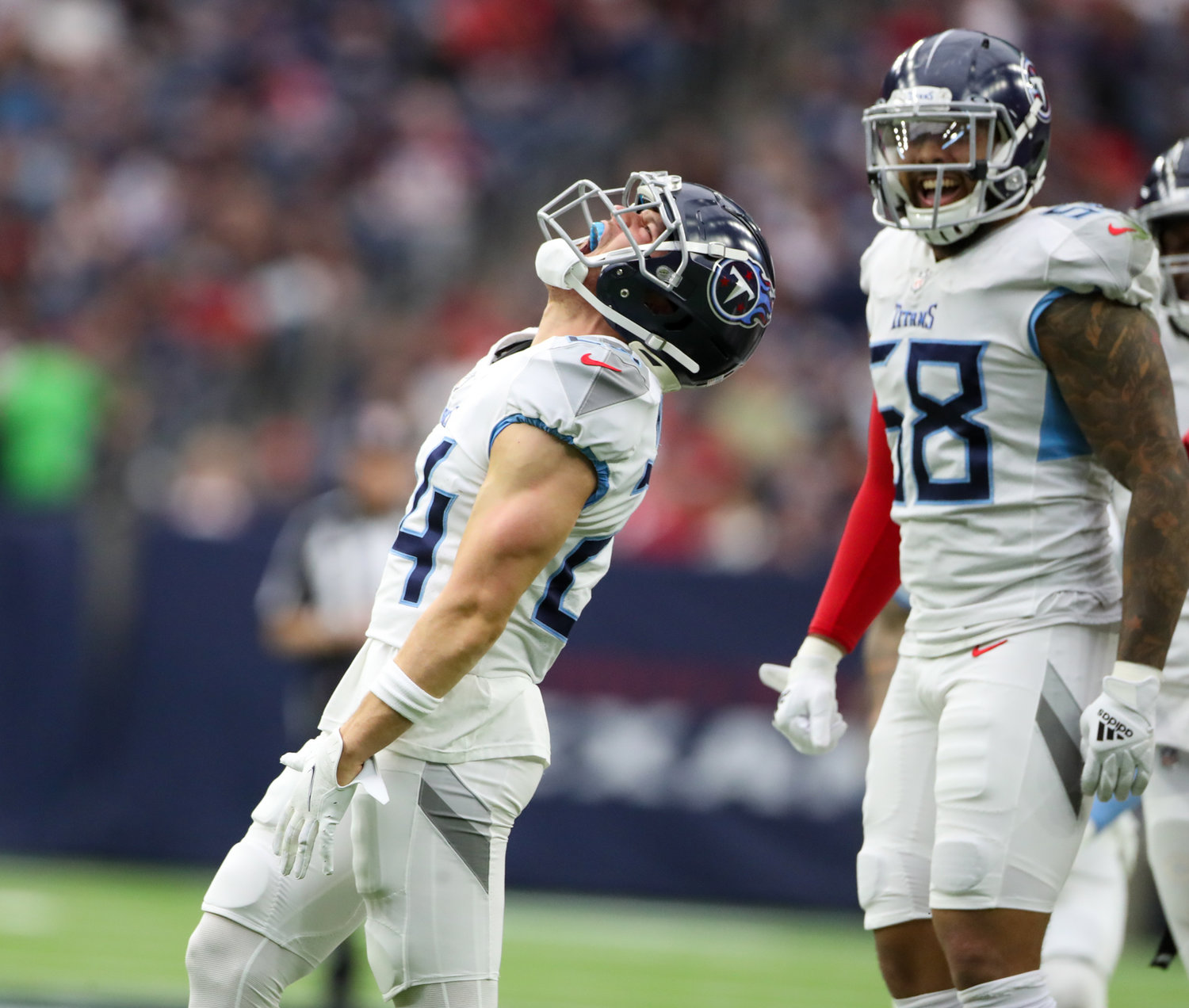 Tennessee Titans cornerback Elijah Molden (24) reacts after making a tackle for a loss during an NFL game between the Texans and the Titans on Jan. 9, 2022 in Houston, Texas.