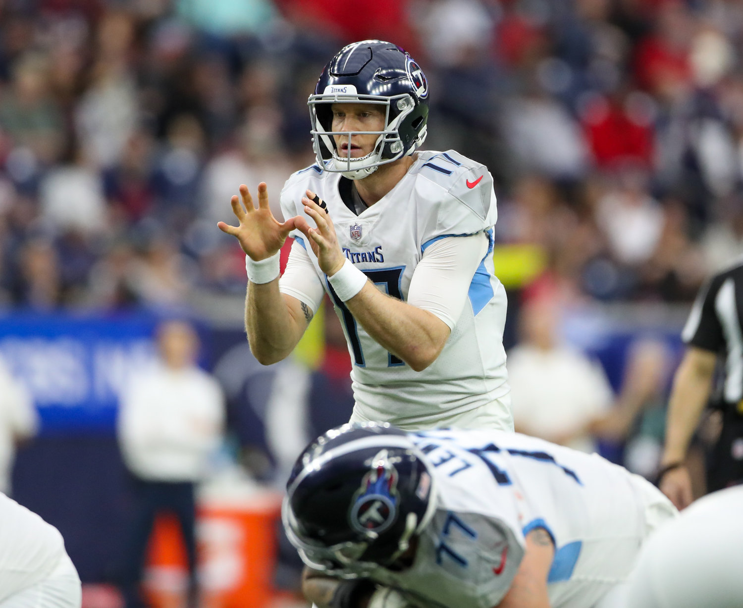 Tennessee Titans quarterback Ryan Tannehill (17) prepares for a snap during an NFL game between the Texans and the Titans on Jan. 9, 2022 in Houston, Texas.
