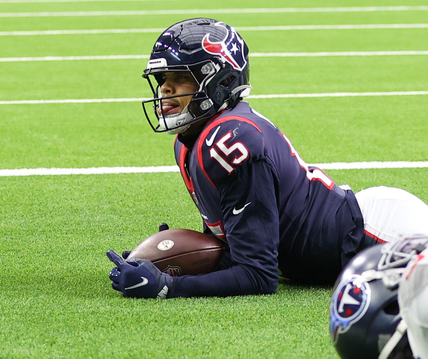 Houston Texans wide receiver Chris Moore (15) gestures after making a 28-yard touchdown catch in the third quarter of an NFL game between the Texans and the Titans on Jan. 9, 2022 in Houston, Texas. The Titans won, 28-25.