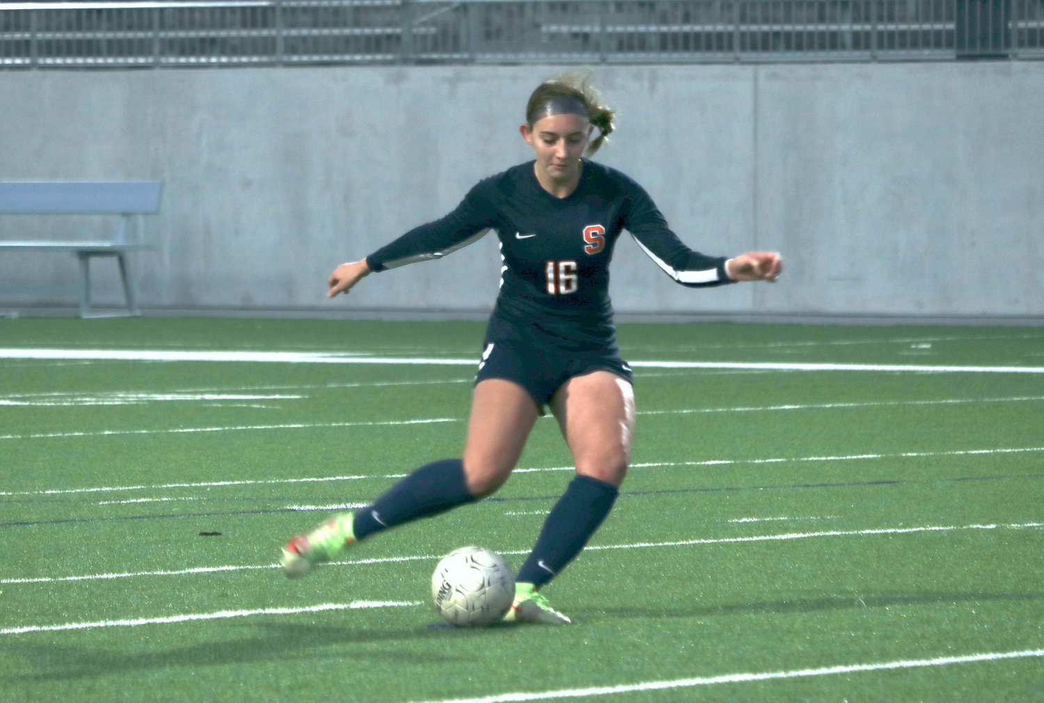 Katie Lennon shoots a pentaly kick during Saturday’s game between Seven Lakes and Lake Travis at Legacy Stadium.