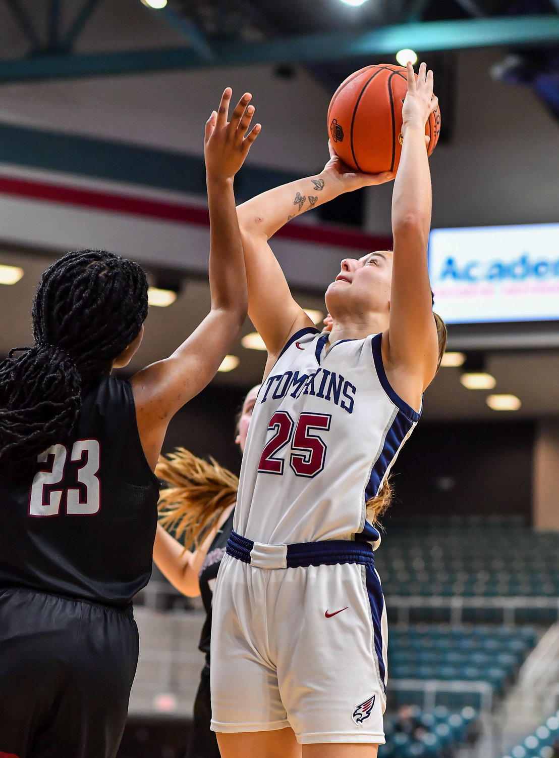 Katy Tx. Feb 15, 2022:  Tompkins Kennedy Bourque #25 goes up for the shot during the Bi-District playoff, Tompkins vs George Ranch. (Photo by Mark Goodman / Katy Times)