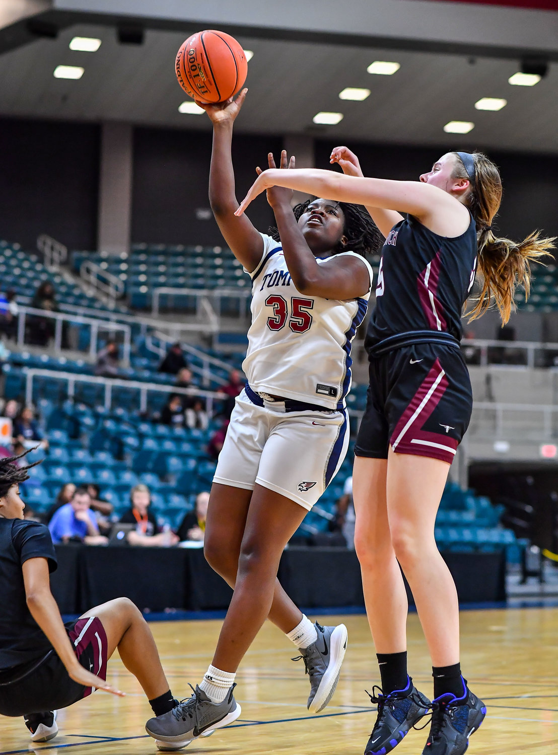 Katy Tx. Feb 15, 2022: Tompkins Fiyin Adeleye #35 goes up for the shot during the Bi-District playoff, Tompkins vs George Ranch. (Photo by Mark Goodman / Katy Times)
