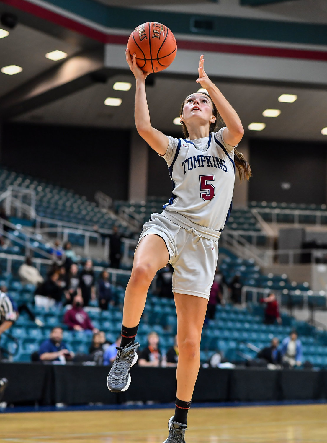 Katy Tx. Feb 15, 2022:  Tompkins Kayla Boven #5 drives to the basket scoring during the Bi-District playoff, Tompkins vs George Ranch. (Photo by Mark Goodman / Katy Times)