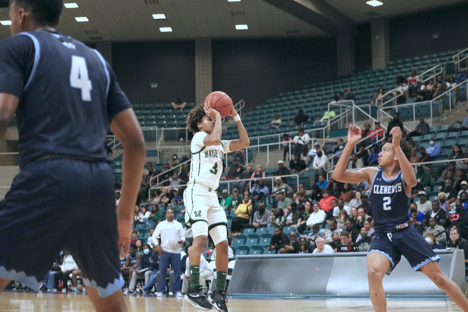 Christian Jones takes a jumper during Tuesday’s Class 6A regional quarterfinal between Mayde Creek and Fort Bend Clements at the Merrell Center.