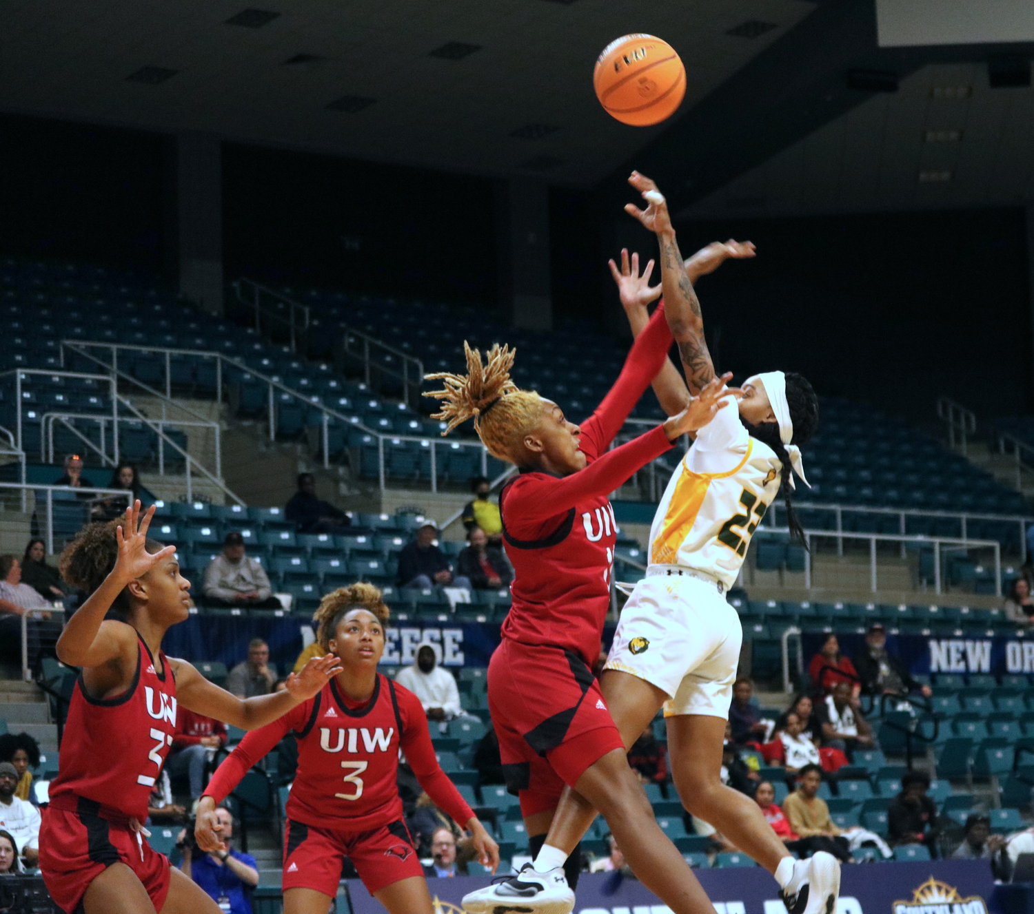 Breonca Ducksworth’s shot is blocked during Sunday’s Southland Tournament Final at the Merrell Center between the University of Incarnate Word and Southeastern Louisiana.