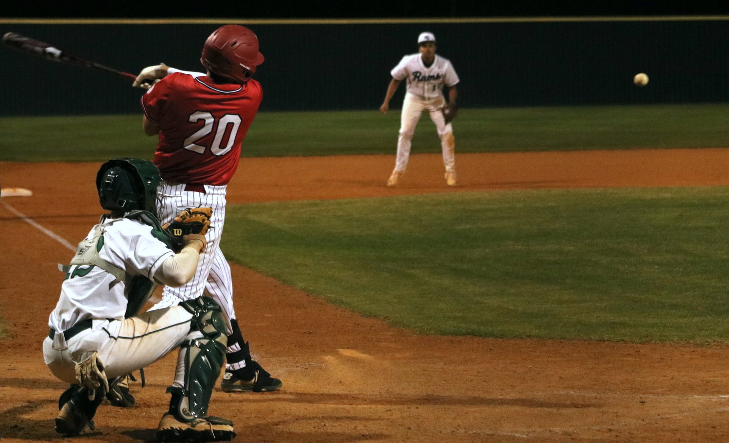 Sutton Hull hits a ball to left field during Tuesday’s game between Katy and Mayde Creek at the Mayde Creek baseball field.