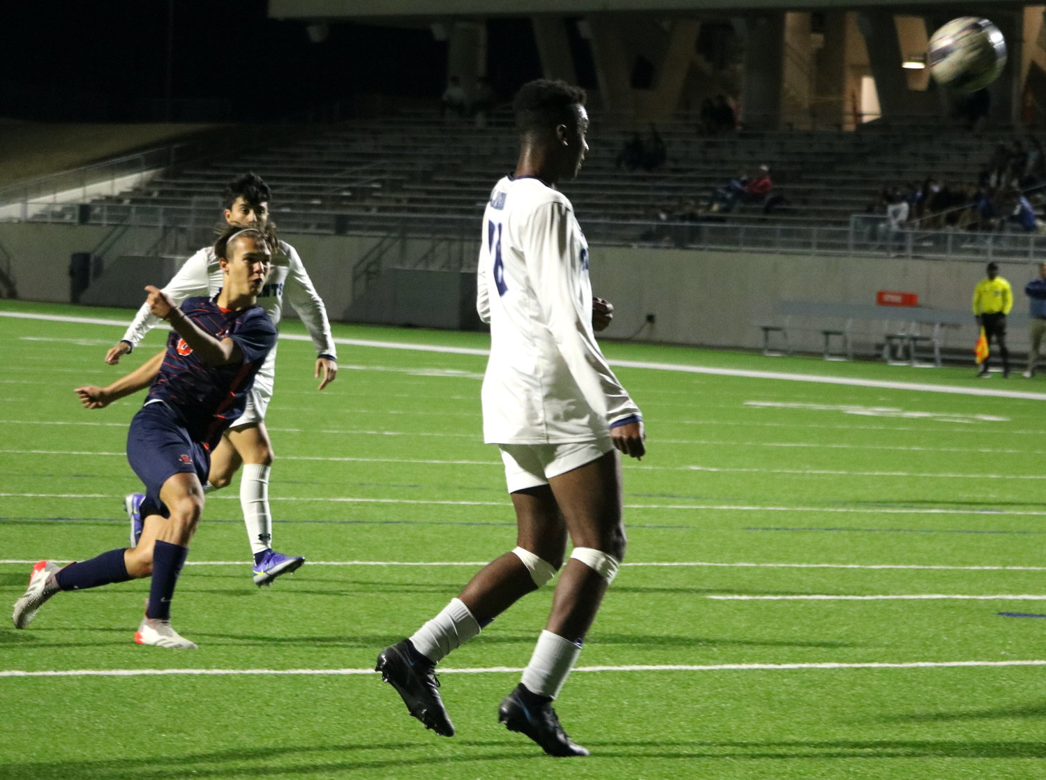 Kortacy Koc hits a volley towards goal during Thursday’s Class 6A bi-district game between Seven Lakes and Fort Bend Clements at Legacy Stadium.