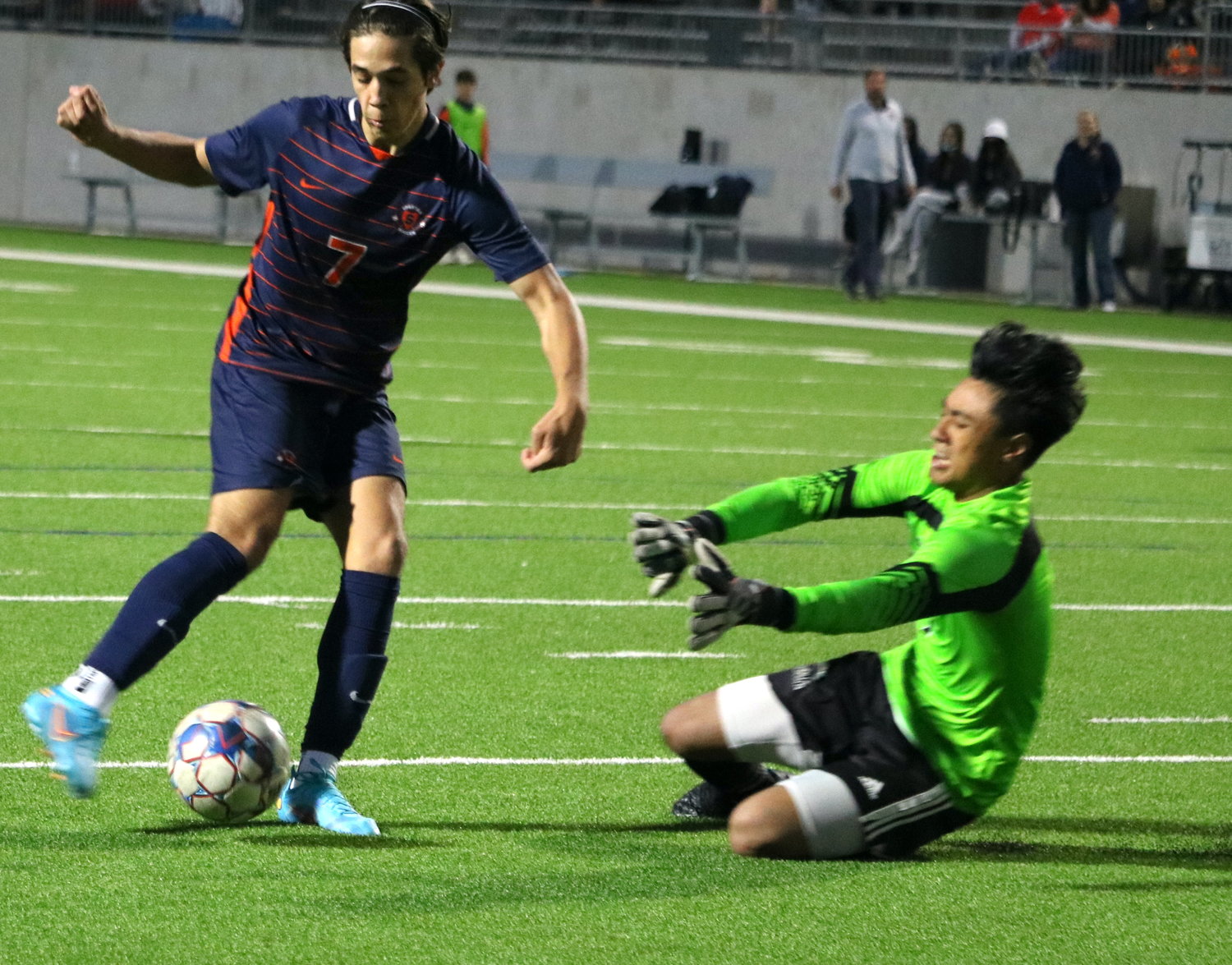 Javier Rivas tries to round the keeper during Thursday’s Class 6A bi-district game between Seven Lakes and Fort Bend Clements at Legacy Stadium.