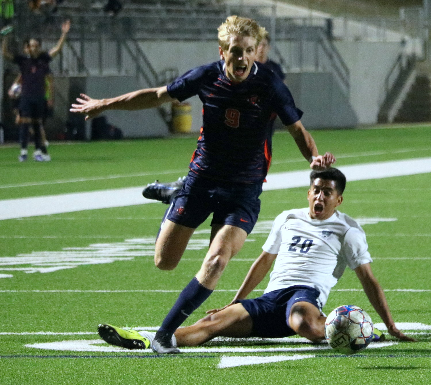 Hunter Merritt dribbles the ball past a defender during Tuesday’s Class 6A area round game between Seven Lakes and Cy-Ridge at Legacy Stadium.