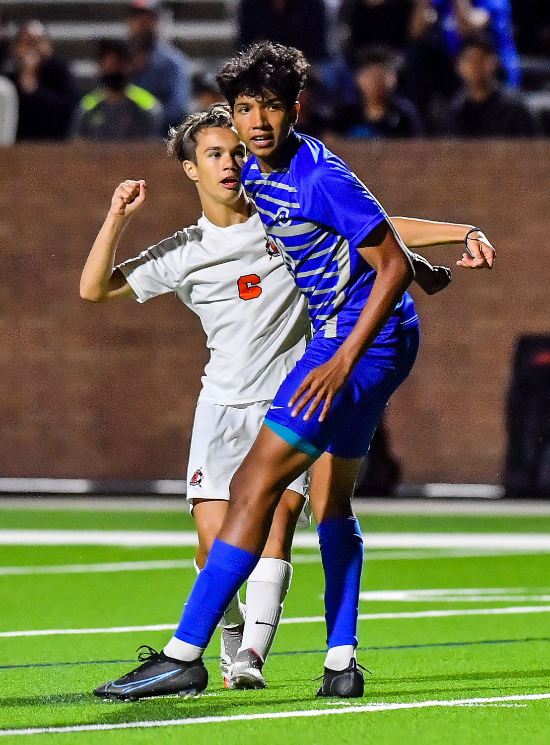 April 1, 2022: Seven Lakes kortay koc #6 gives a fist pump after scoring as Katy Taylors Erick Arellano #26 looks on during Regional Quarterfinal soccer playoff, Seven Lakes vs Katy Taylor at Rhode Stadium. (Photo by Mark Goodman / Katy Times)