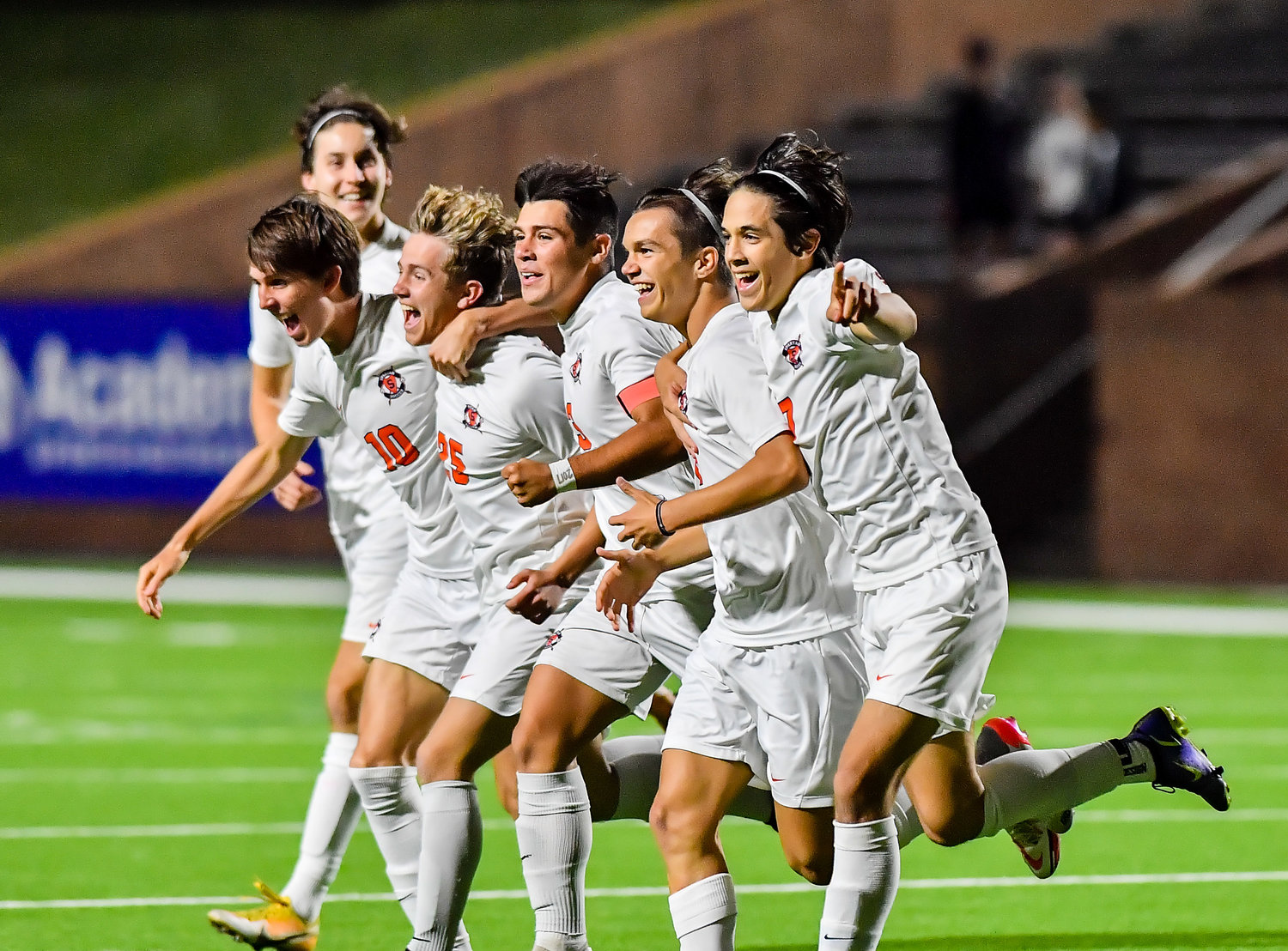 April 1, 2022: Seven Lakes celebrate the win as they advance during Regional Quarterfinal soccer playoff, Seven Lakes vs Katy Taylor at Rhode Stadium. (Photo by Mark Goodman / Katy Times)