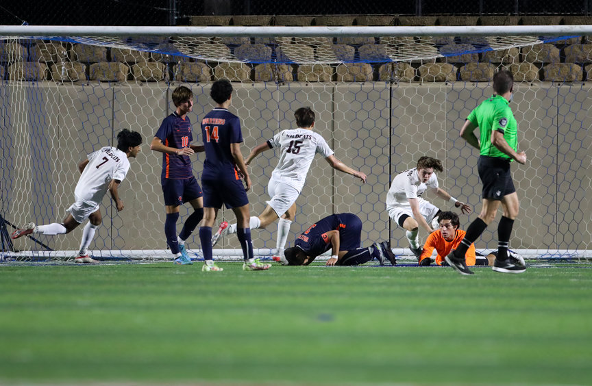 Seven Lakes goalkeeper Anthony Gonzalez (1) and his teammates react after a second goal was scored by Plano forward Nolan Giles (16) in the Class 6A boys state semifinal on April 15, 2022 in Georgetown, Texas.