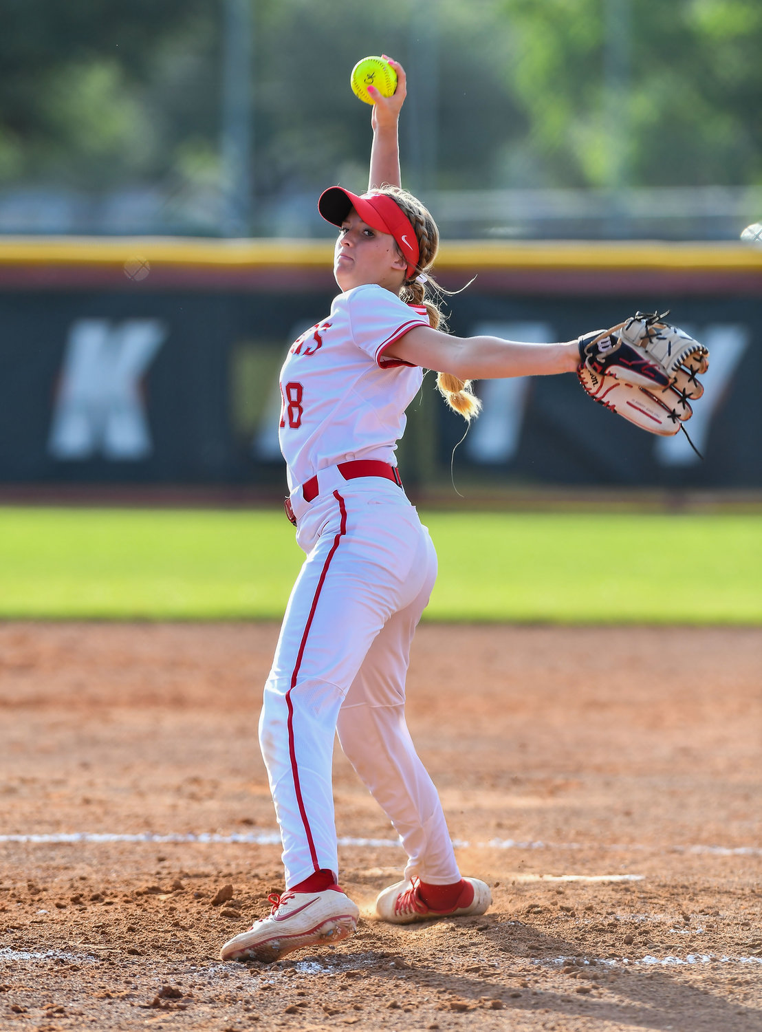 May 13, 2022: Katy's pitcher Lauryn Soeken #18 picks up the win advancing Katy during the Regional Quarterfinal playoff between Katy and Cinco Ranch at Katy HS. (Photo by Mark Goodman / Katy Times)