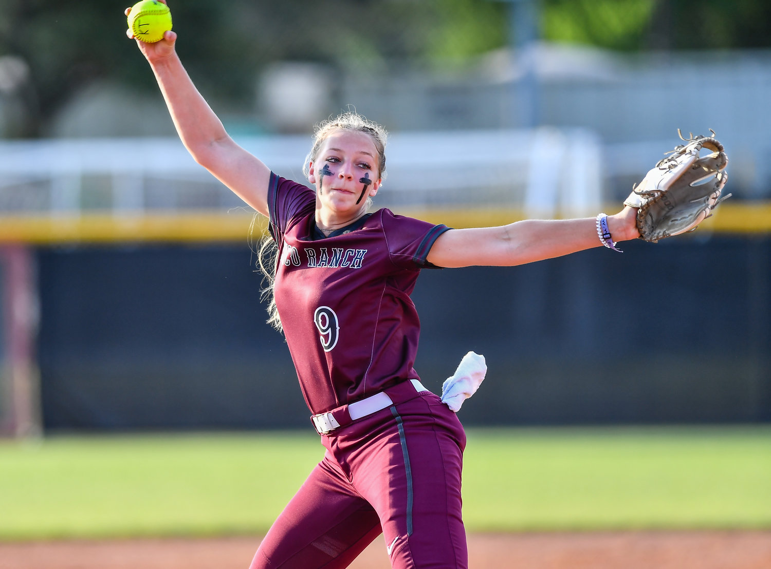 May 13, 2022: Cinco Ranch's pitcher Chela Kovar #9 season is cut short as the Cougars fall during the Regional Quarterfinal playoff between Katy and Cinco Ranch at Katy HS. (Photo by Mark Goodman / Katy Times)