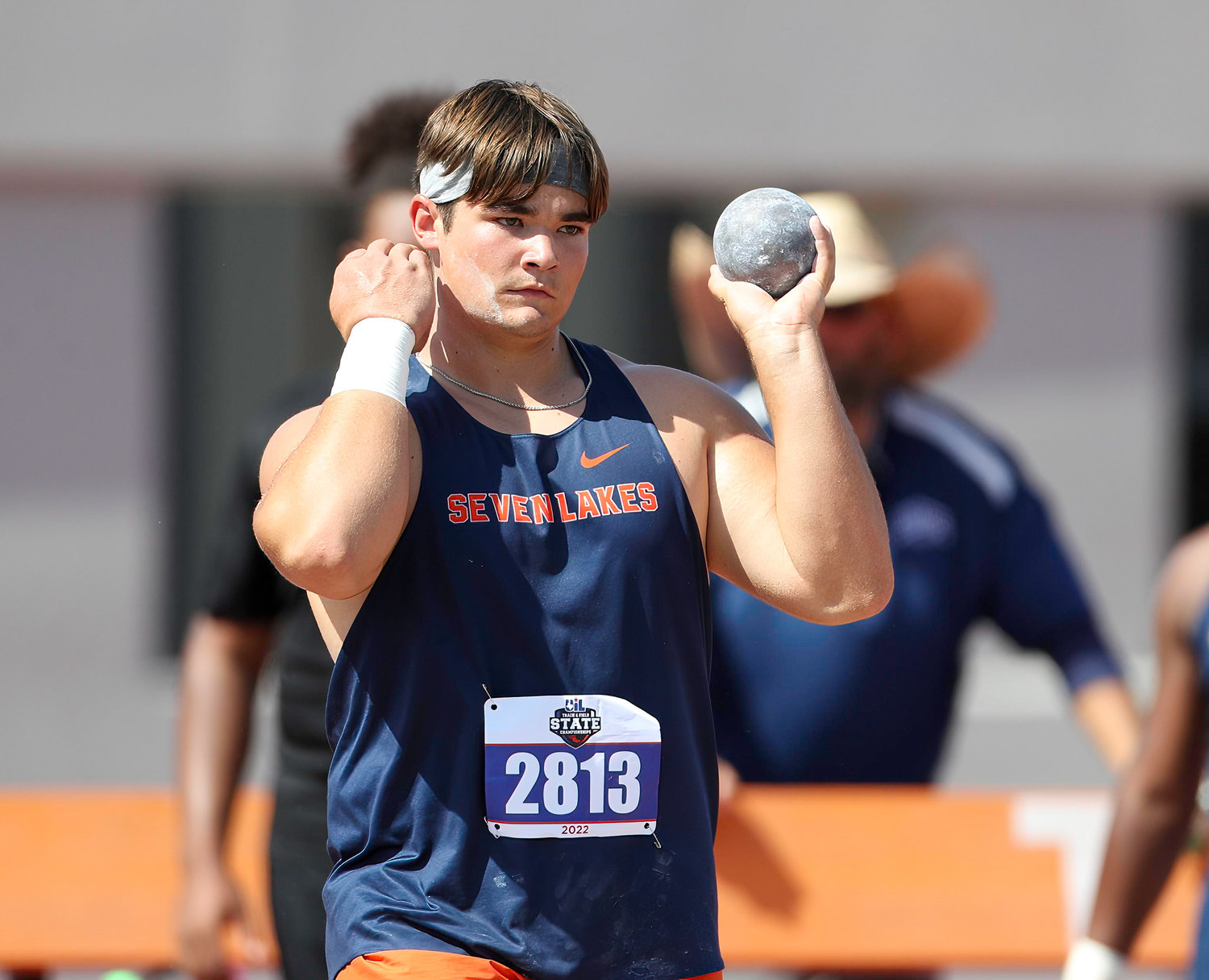 Matthew Rueff of Katy Seven Lakes competes in the Class 6A boys long jump event at the UIL State Track and Field Meet on May 14, 2022 in Austin, Texas. Rueff earned a gold medal with a put of 68-1.75 feet.