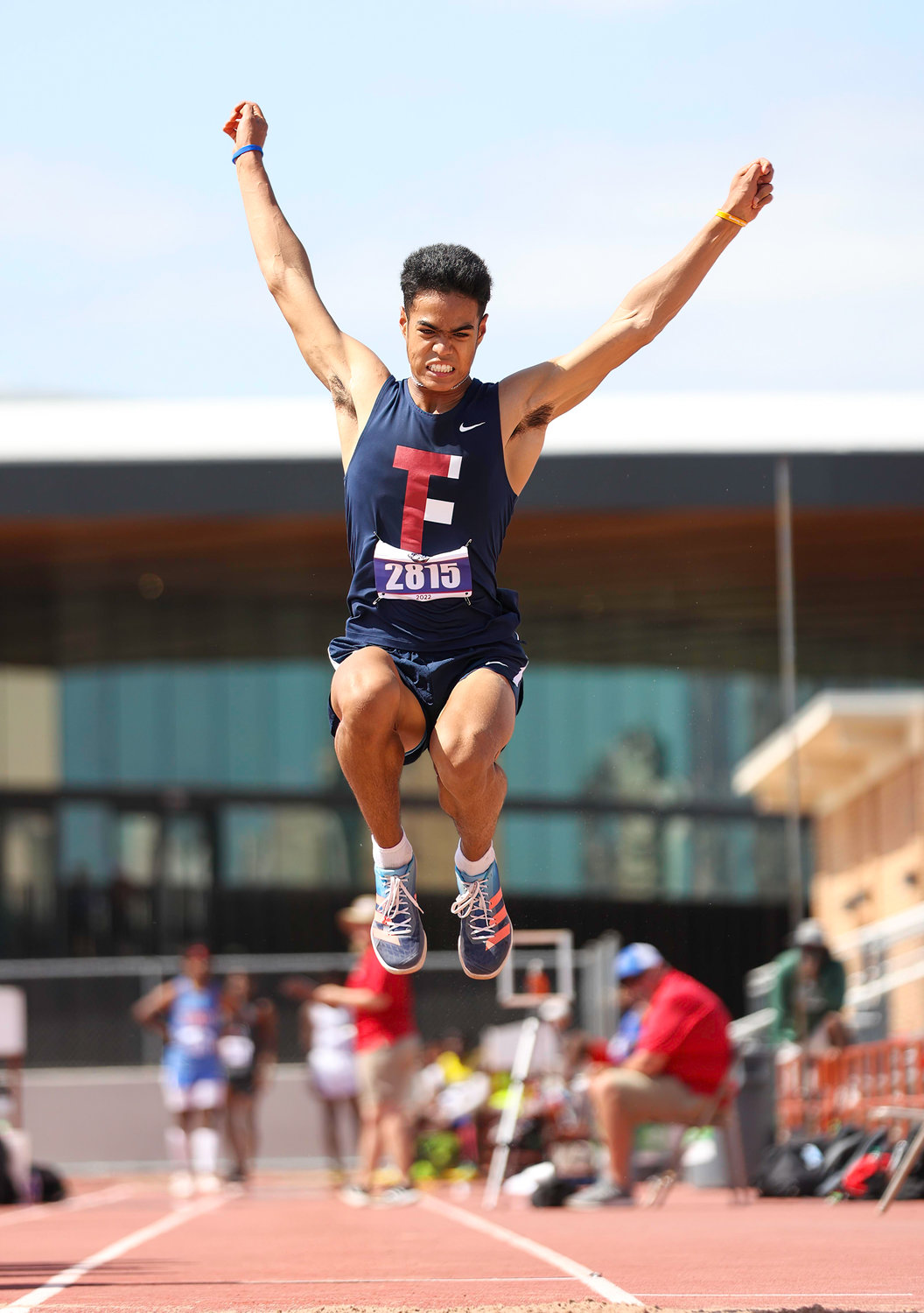 Jayden Keys of Katy Tompkins competes in the Class 6A boys long jump event at the UIL State Track and Field Meet on May 14, 2022 in Austin, Texas.