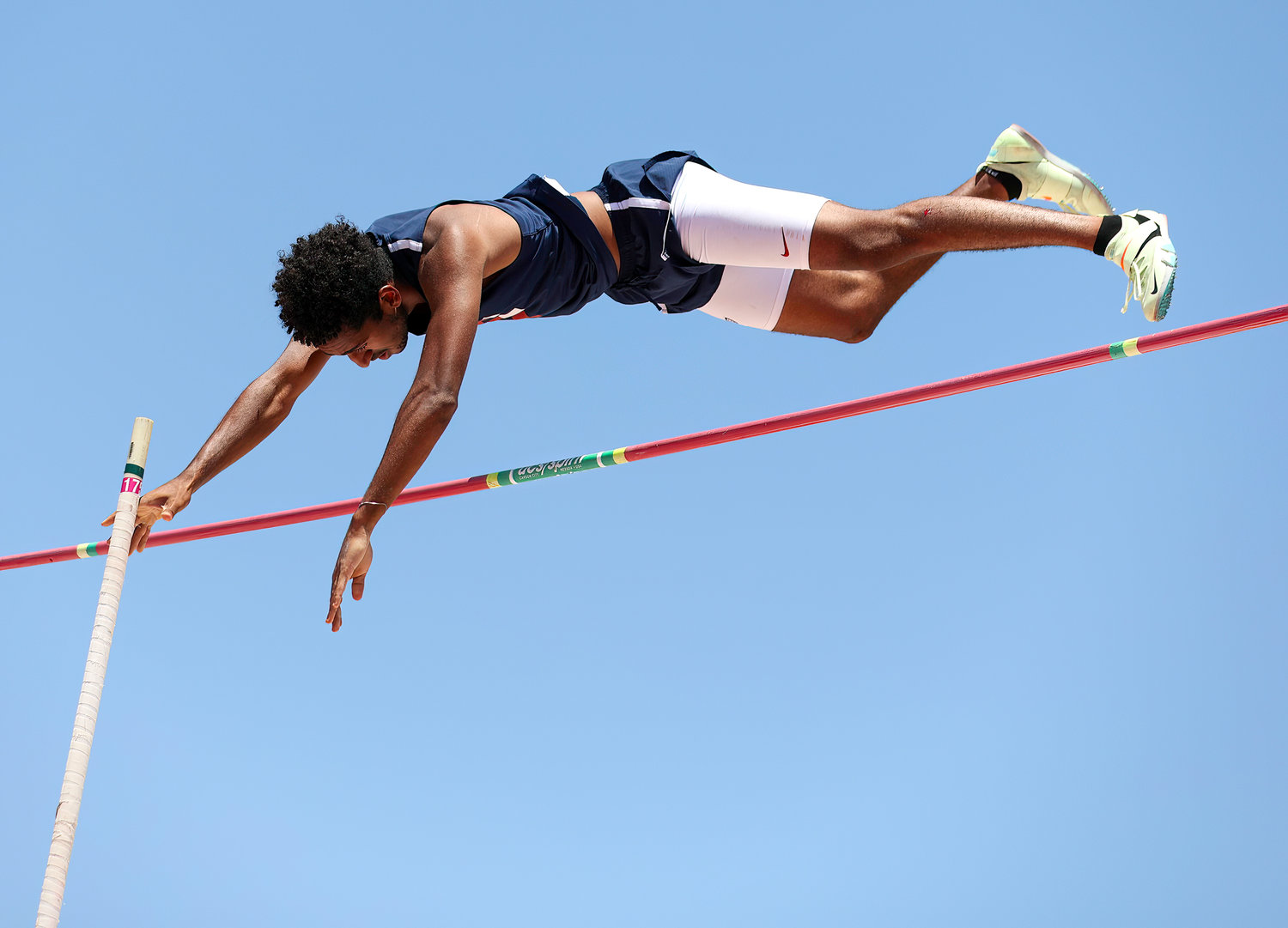 Matthew Kumar of Tompkins High School during the Class 6A boys pole vault event at the UIL State Track and Field Meet on May 14, 2022 in Austin, Texas. Kumar earned a gold medal with a jump of 16 feet, 3 inches.