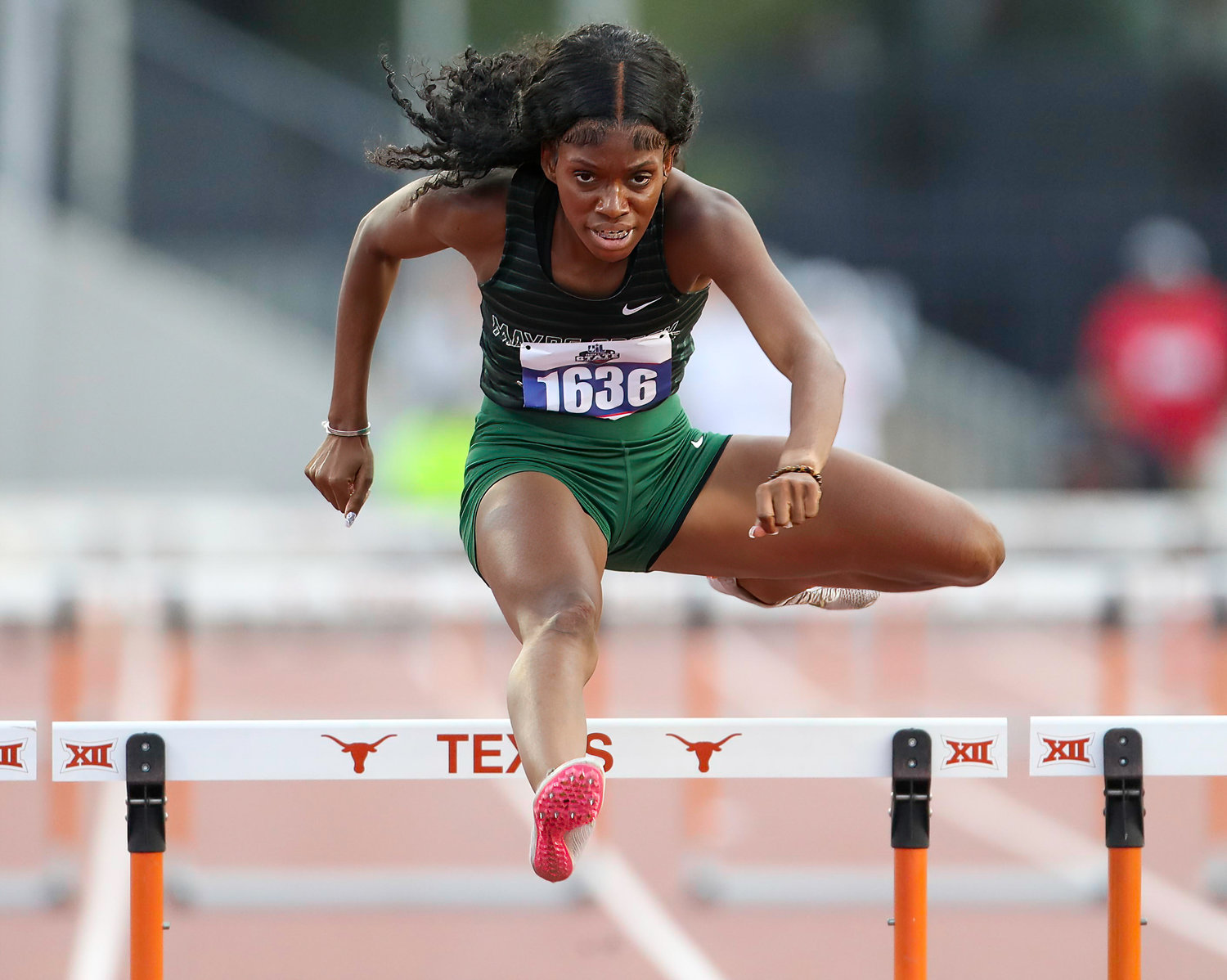 Simone Ballard of Mayde Creek runs in the Class 6A girls 300-meter hurdles at the UIL State Track and Field Meet on May 14, 2022 in Austin, Texas. Ballard earned a gold medal in the event with a time of 41.11.