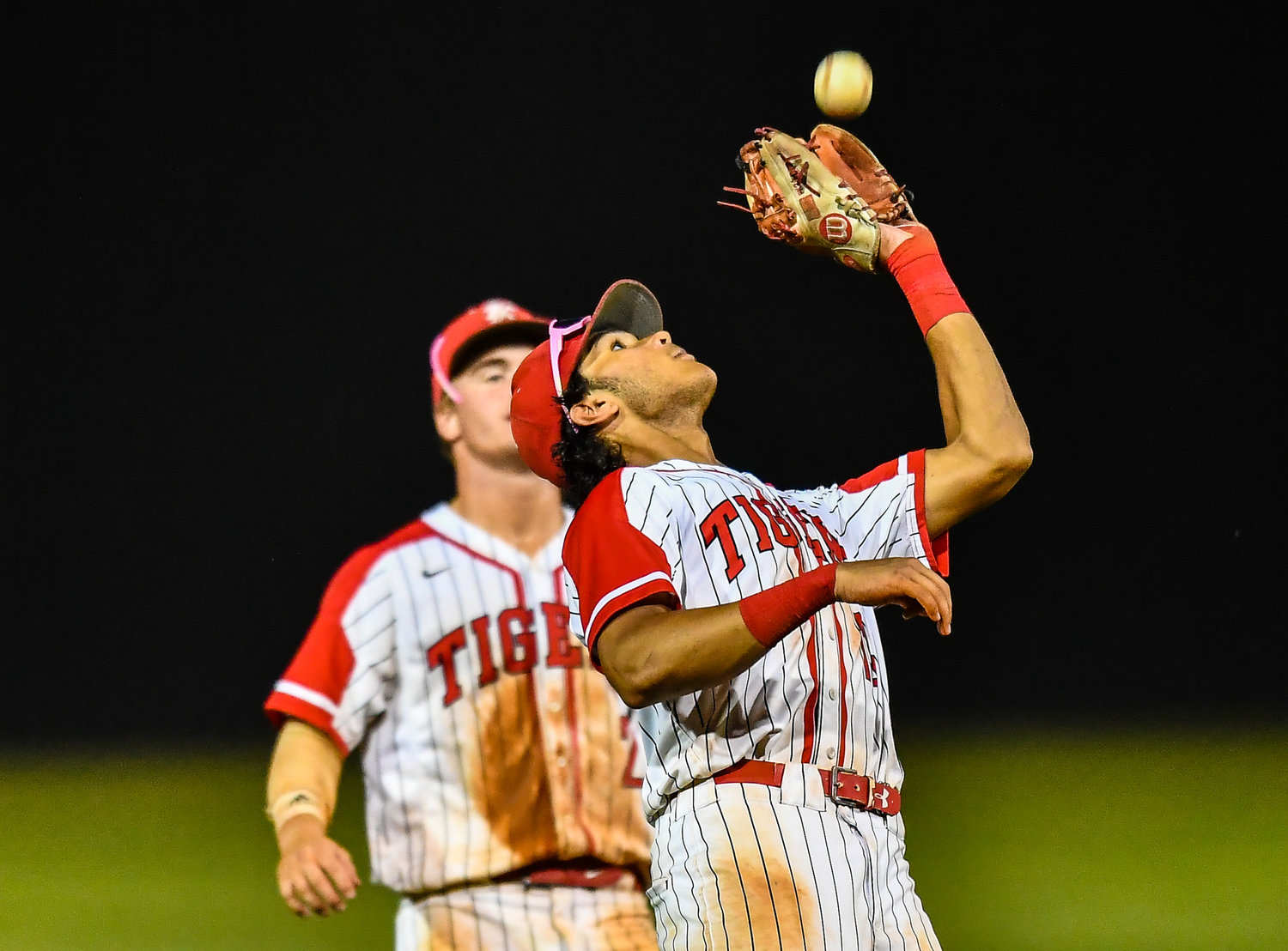 Katy's Nayden Ramirez (13) makes the catch during the fifth inning during a Region III-6A SemiFinals baseball game between Katy and Strake Jesuit at Mayde Creek High School, Friday, May 27, 2022.